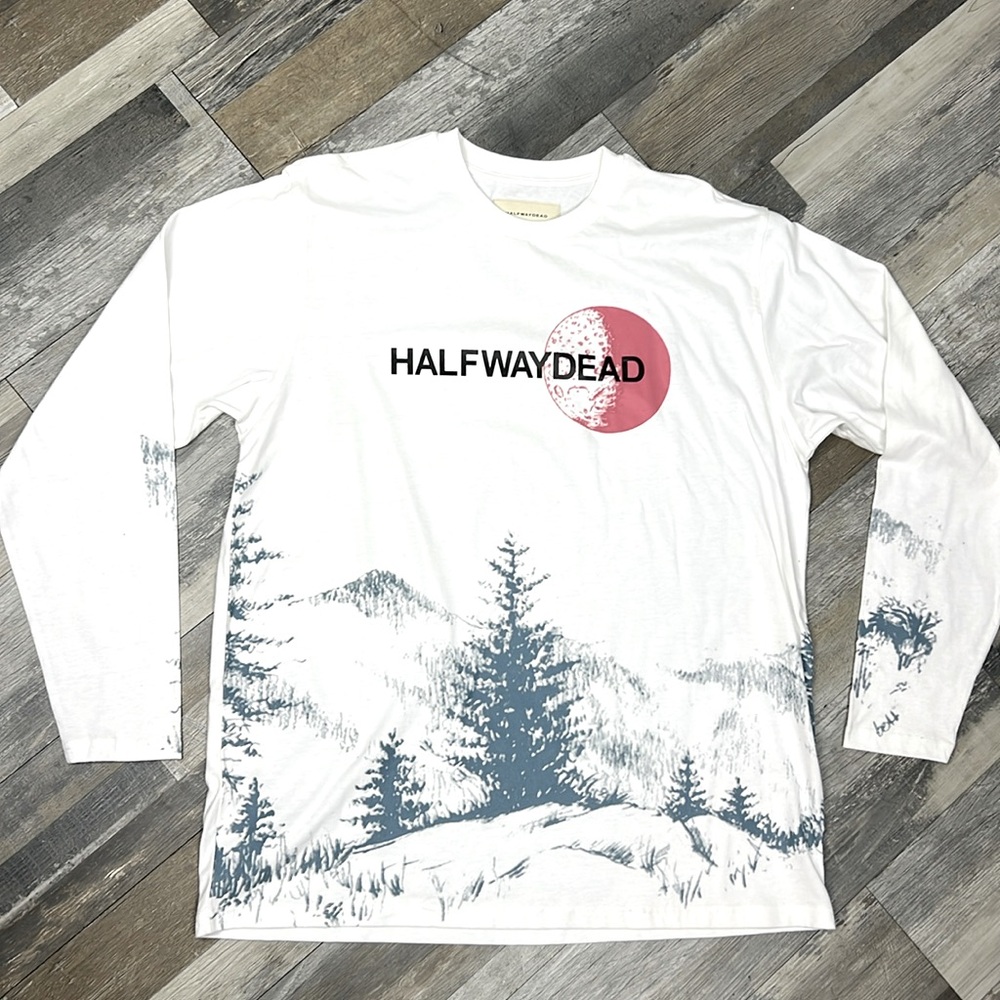 HWD halfwaydead tee unisex white moonshine long sleeves 🆕 size L cotton graphic
